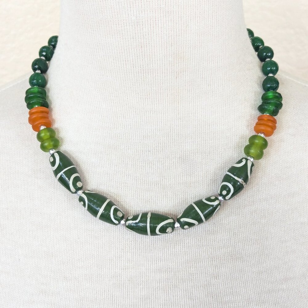 Dark Green, Olive green & Burnt Orange Jade & African Krobo Glass Necklace